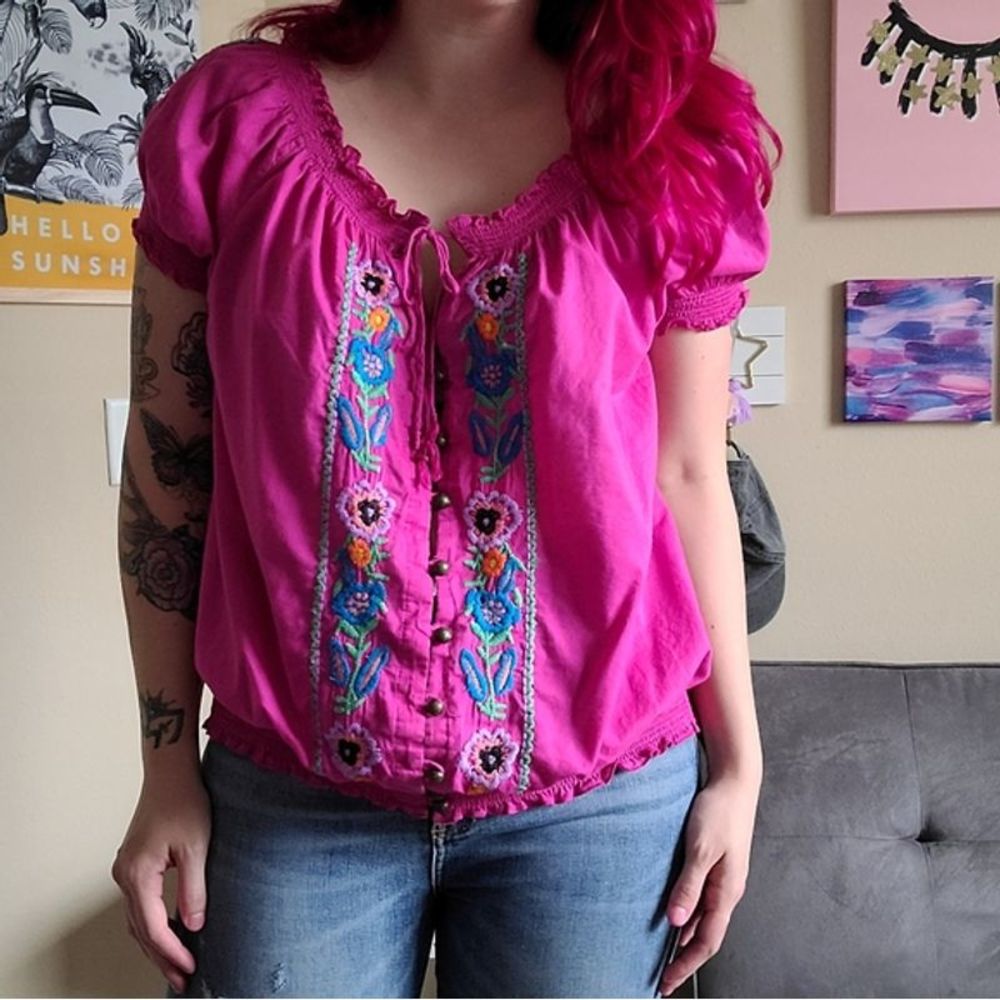Boston Proper | Pink Embroidered Top